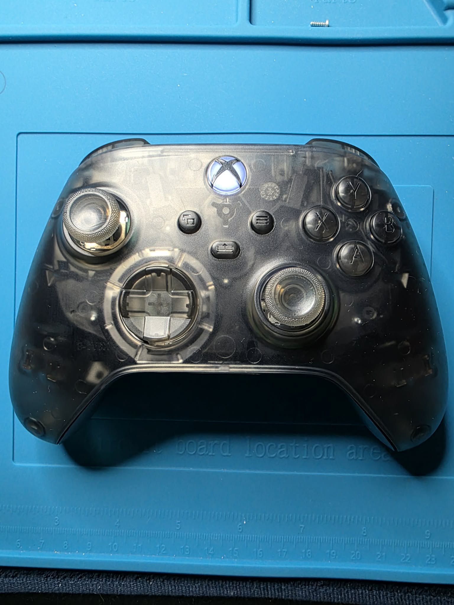 Black smoke clear custom Xbox controller with light blue Home LED